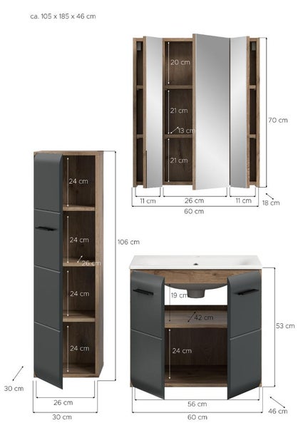 Badmöbel-Set in Holzoptik und Anthrazit bestehend aus Spiegelschrank, Waschtischunterschrank und Hochschrank mit Maßangaben in Zentimeter.