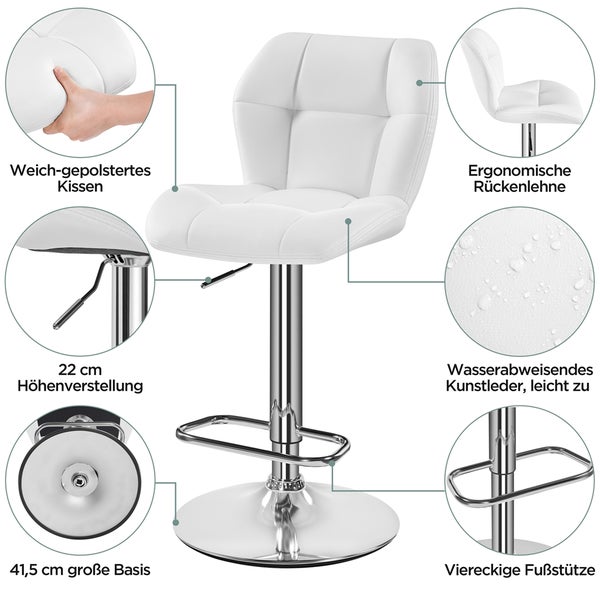 Detailansicht eines weißen Barhockers mit höhenverstellbarem Sitz und quadratischer Fußstütze