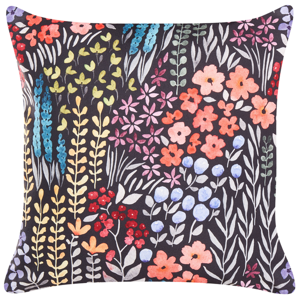 Quadratisches Zierkissen mit einem dekorativen Blumenmuster auf der Vorderseite.