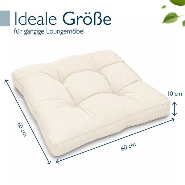 Quadratisches Loungekissen mit Maßen von 60 mal 60 mal 10 Zentimetern.