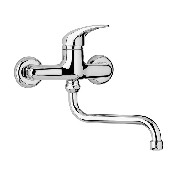 Wand-Einhebelmischbatterie in Chrom mit schwenkbarem, untenliegendem Auslauf für Küche oder Keller.