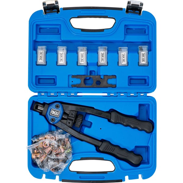 Blindnietzangen Set in blauem Werkzeugkoffer mit verschiedenen Nietaufsätzen