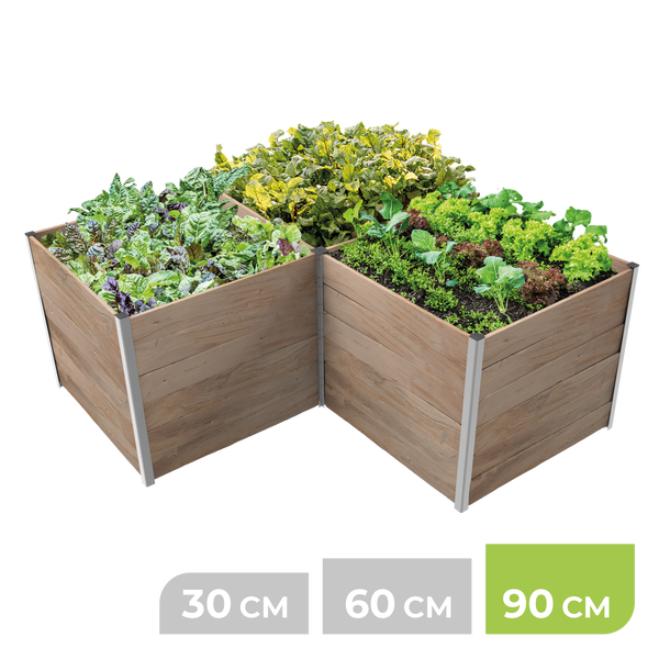 L-förmiges Hochbeet aus Holz mit Metalleckprofilen, bepflanzt mit Gemüse, hervorgehobene Höhenoption von 90 Zentimetern.