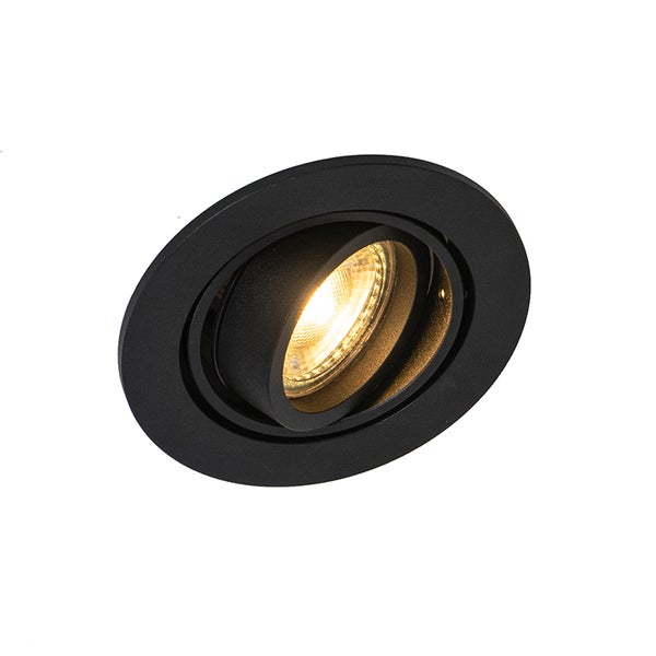 Schwarzer LED-Einbaustrahler, rund und schwenkbar, mit warmweißem Licht.