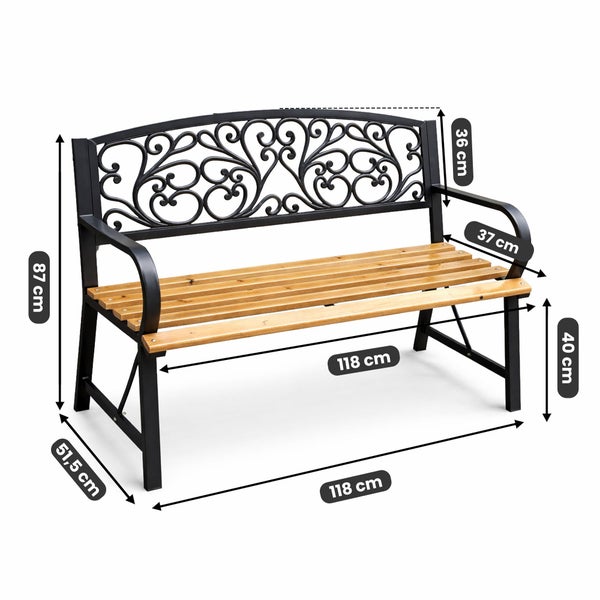 Gartenbank aus Metall und Holz mit Maßen: Breite 118 Zentimeter, Höhe 87 Zentimeter, Tiefe 51,5 Zentimeter, Sitzhöhe 40 Zentimeter.