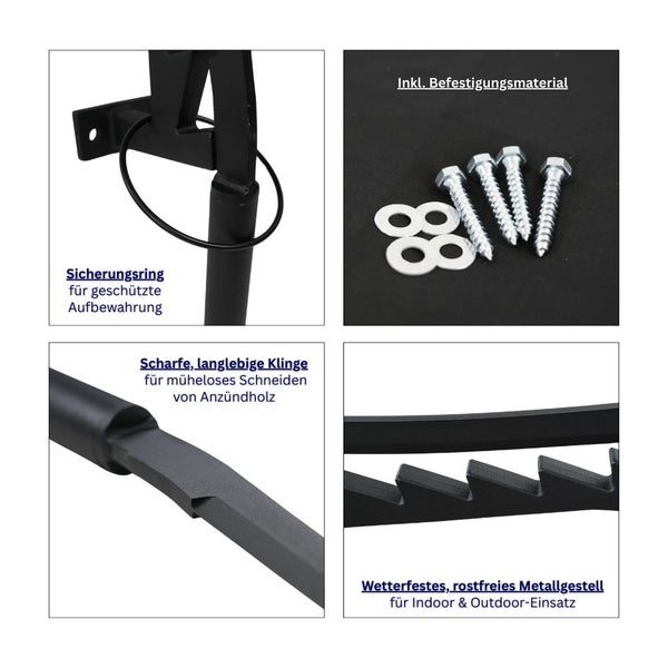 Detailansichten eines Anzündholzspalters mit Sicherheitsring, Befestigungsmaterial, scharfer Klinge und wetterfestem Metallgestell