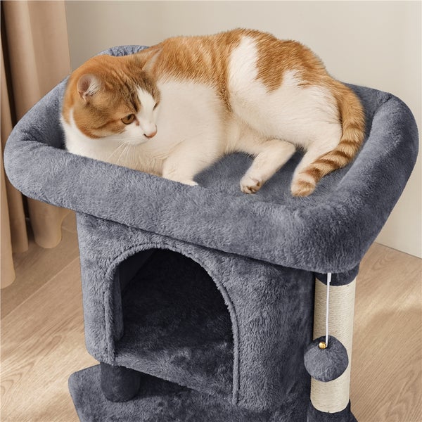 Katze ruht auf einem grauen Katzenbaum mit Kratzstamm und Höhle.