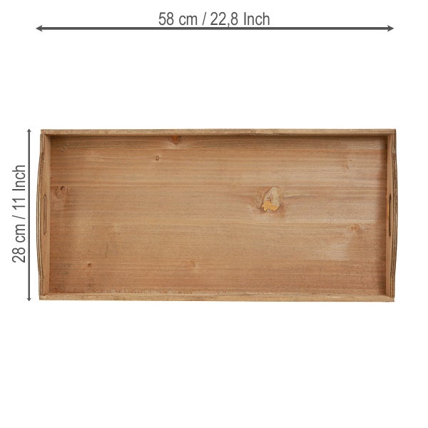 Holztablett mit Griffen und den Maßen 58 cm mal 28 cm
