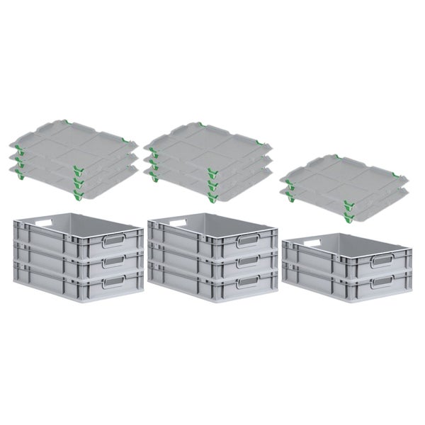 PROREGAL SuperSparSet 8x Eurobox NextGen Grip mit Auflagedeckel mit 4 Grünen Schiebeschnappverschlüssen HxBxT 12 x 40 x 60 cm 23 Liter Griffe