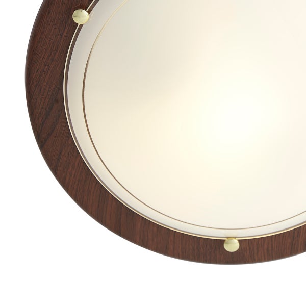 Runde Deckenleuchte mit dunkelbraunem Holzrahmen und weißem Glasschirm.