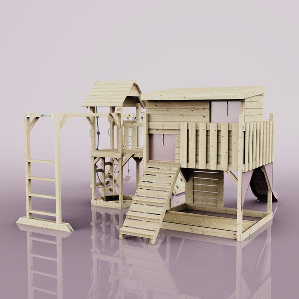 Holz-Spielplatz mit Klettergerüst, Rutsche und Sandkasten