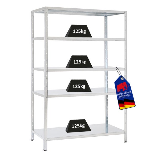 Verzinktes Schwerlastregal mit fünf Fachböden, Tragkraft pro Boden 125 Kilogramm, Siegel Deutscher Händler.