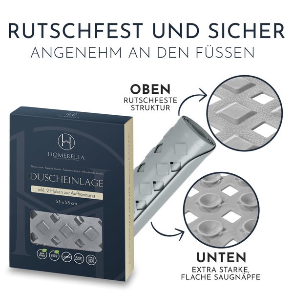 Homerella® Duschmatte rutschfest - 100% BPA frei - Inkl. 2 Haken zum Aufhängen 53x53cm - Antirutschmatte Dusche hautsensitiv & schimmelresistent - Duscheinlage maschinenwaschbar