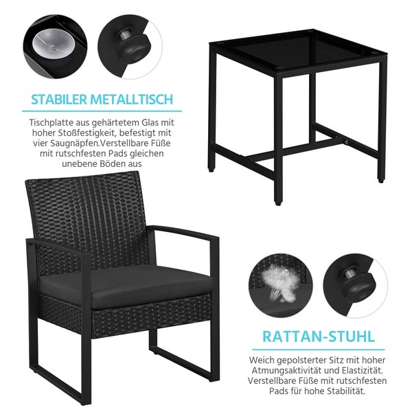 Gartenset bestehend aus einem Rattansessel mit weicher Polsterung und einem stabilen Metalltisch mit gehärteter Glasplatte