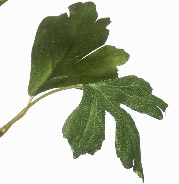 Künstliche Ranunkel mit roter Blüte und grünen Blättern