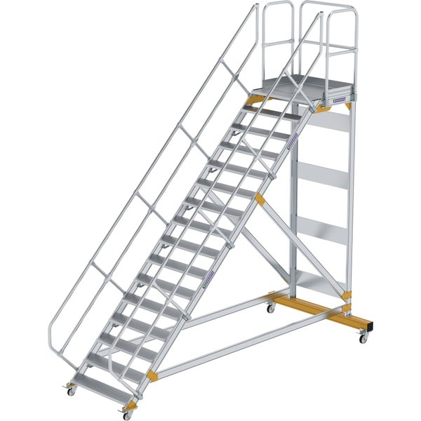 Fahrbare Stufen-Plattformtreppe aus Aluminium mit 10 Stufen, beidseitigem Handlauf, Plattformgeländer und Rollen.