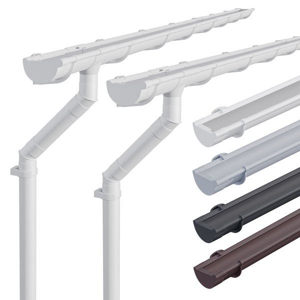 Kunststoff-Dachrinnensystem mit Fallrohr und verschiedenen Farbmustern.