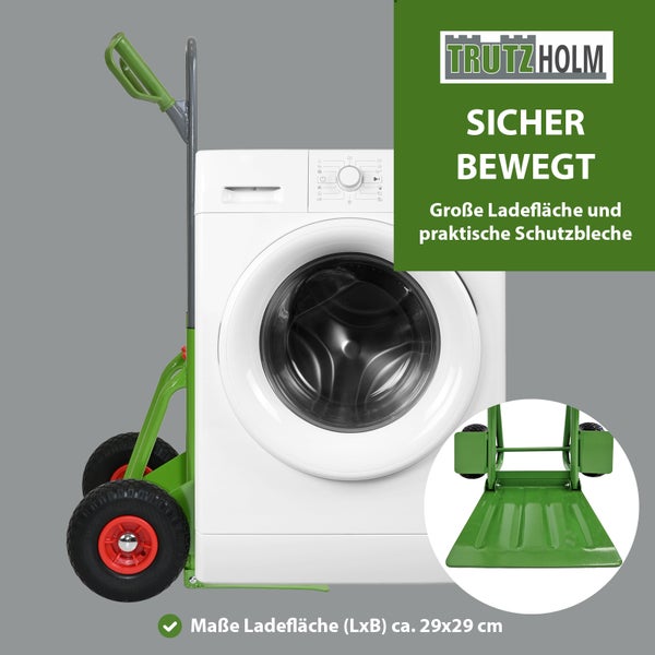 Trutzholm Sackkarre mit Waschmaschine, Ladefläche circa 29 mal 29 Zentimeter und Schutzbleche, Trutzholm Logo.
