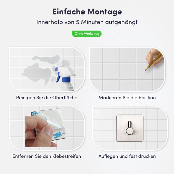 Montageanleitung für selbstklebenden Haken: Reinigen, Markieren, Klebestreifen mit 3M Logo abziehen und festdrücken. Montage ohne Werkzeug.