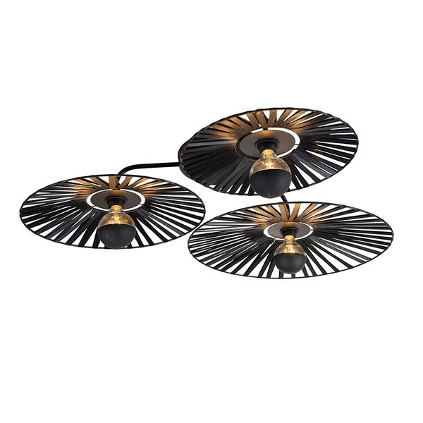 Moderne dreiflammige Deckenleuchte aus schwarzem Metall mit drei dekorativen fächerförmigen Schirmen.