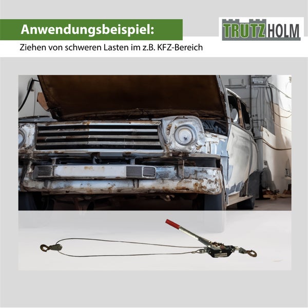 Anwendungsbeispiel für einen Trutzholm Seilzug zum Ziehen schwerer Lasten an einem beschädigten Kraftfahrzeug.