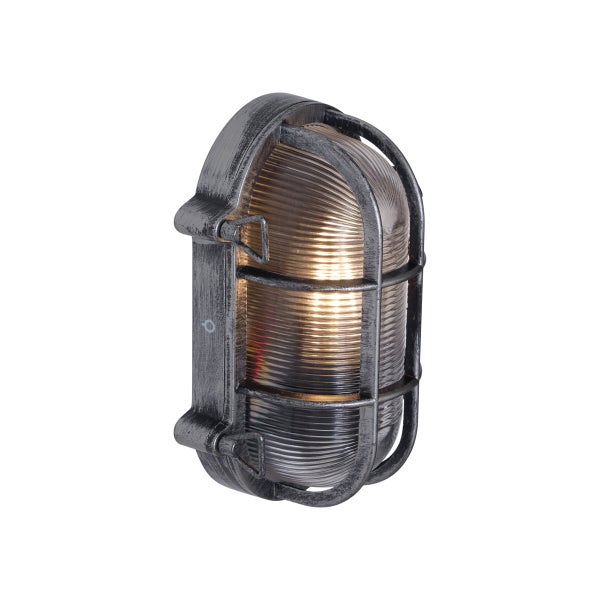 Ovale Außenwandleuchte mit Metallkäfig und geripptem Glas im Industriedesign.