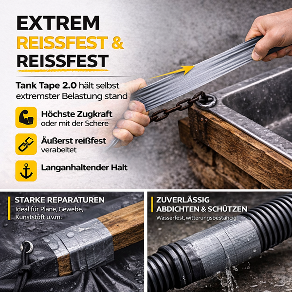 Extrem reißfestes Tank Tape 2.0 für starke Reparaturen und Abdichtungen an Planen, Gewebe und Rohren, wasserfest und belastbar.
