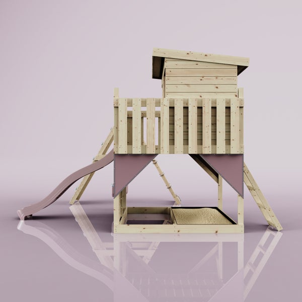 Spielturm aus Holz mit Rutsche, Pultdach, Kletterelementen und integriertem Sandkasten.