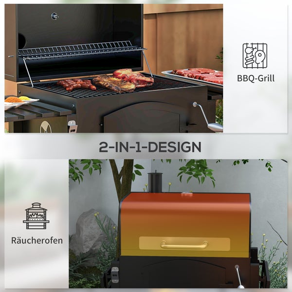 Outsunny Holzkohlegrill, BBQ Gartengrill, mit Smoker Warmhalteplatte Regale, 124 x 66 x 112 cm, Metall, Schwarz