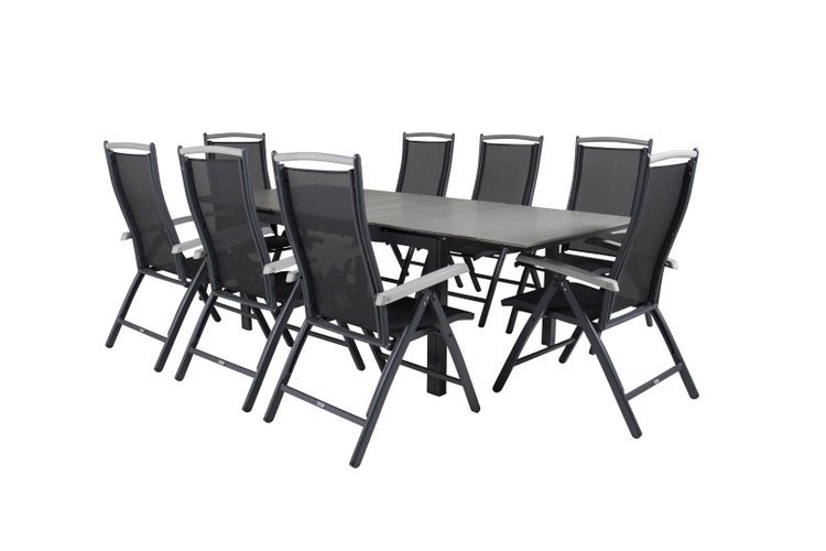 Levels Gartenset Tisch 100x160/240cm und 8 Stühle Albany schwarz, grau. 100 X 160 X 75 cm