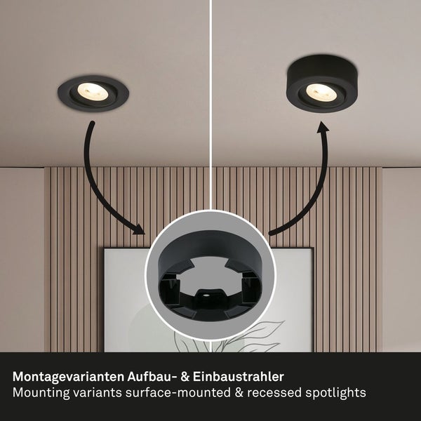Briloner Desi 2 in 1 LED Aufbauspot und Einbaustrahler, 2 in 1 LED Aufbauspot und Einbaustrahler, Schwenkbar, Flach, Warmweißes Licht, Schwarz, Ø9 x 3 cm