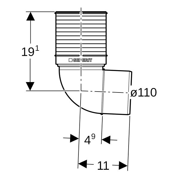 Geberit WC-Anschlussbogen 90 Grad, Durchmesser 110 Millimeter, Maßzeichnung mit Angaben 19,1, 11 und 4,9, Geberit Logo.