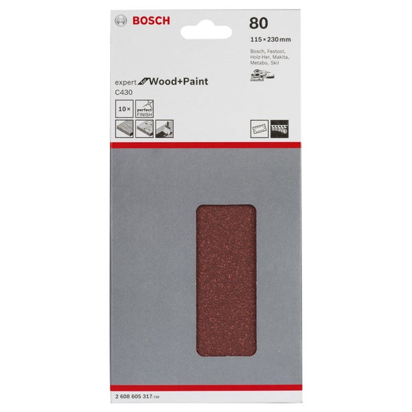 Bosch Expert Schleifpapier für Holz und Farbe, Körnung 80, Größe 115 x 230 Millimeter, 10 Stück