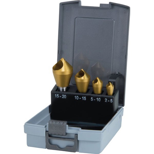 RUKO Kegel- und Entgratsenker-Satz mit Querloch 4tlg. HSS-TiN in Kunststoffkassette - 102312TRO