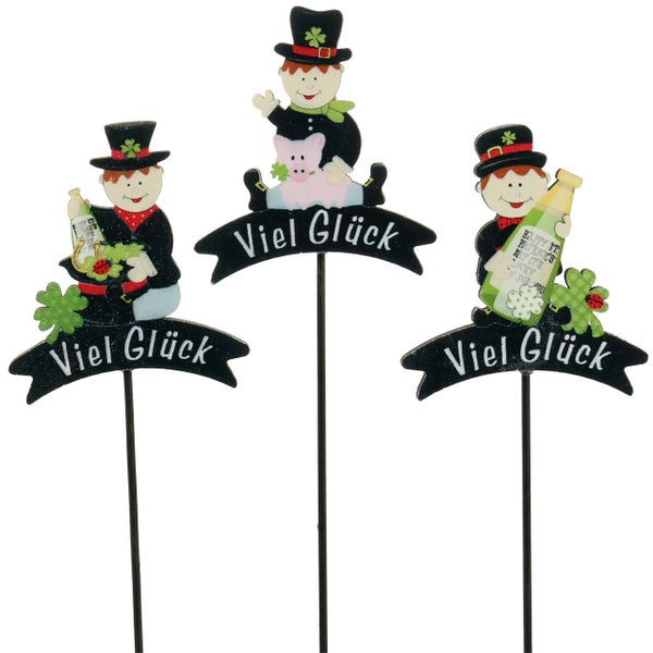 Dekorative Glücksbringer Gartenstecker mit Schornsteinfegermotiven und dem Schriftzug Viel Glück