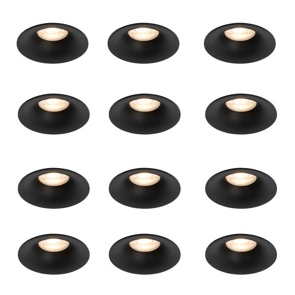 12er Set LED Einbaustrahler, rund, schwarz, mit warmweißem Licht.