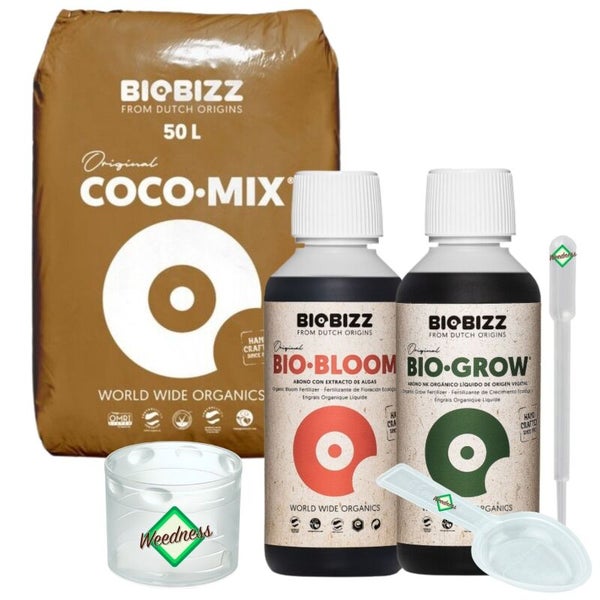 Biobizz Set bestehend aus Coco-Mix 50 Liter, Bio-Bloom, Bio-Grow sowie Messbecher, Messlöffel und Pipette von Weedness.