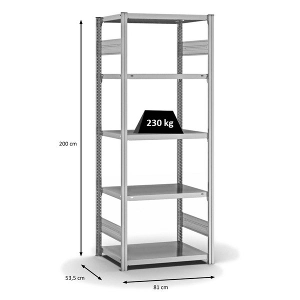 PROREGAL Fachbodenregal Stecksystem T-Profil Medium-Duty Grundregal HxBxT 200 x 75 x 50 cm 5 Ebenen Fachlast 230 kg Beidseitig Nutzbar Verzinkt