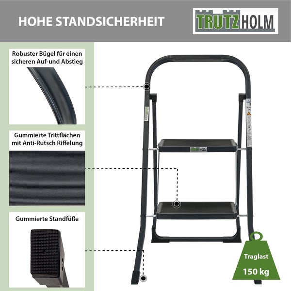 Trutzholm Haushaltsleiter mit zwei Stufen, robustem Haltebügel, rutschfesten Trittflächen und Gummifüßen für hohe Standsicherheit bis 150 Kilogramm.