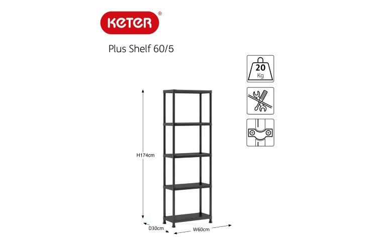 Keter Logo, Kunststoffregal Plus Shelf 60/5 mit 5 Böden, Traglast 20 Kilogramm pro Boden, werkzeuglose Montage, 174 mal 60 mal 30 Zentimeter.