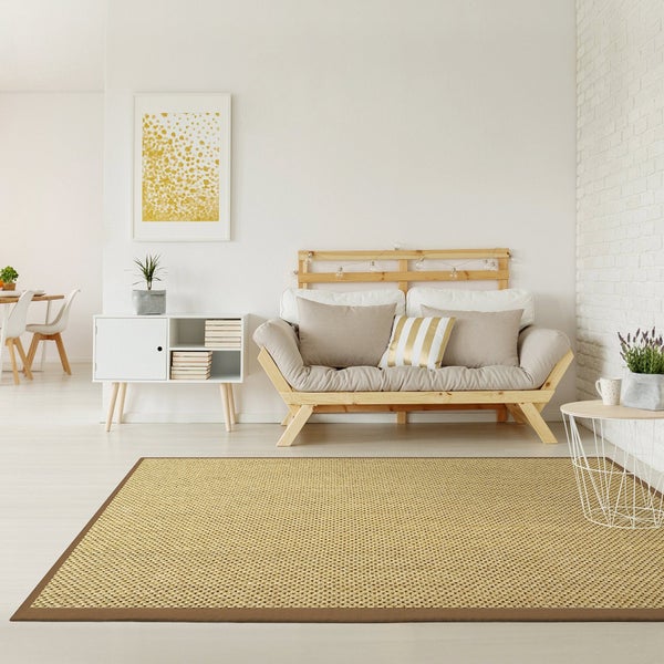 FLOORDIREKT Sisal-Teppich Tiger-Eye - aus 100% Sisal - mit Brodüre - Natur - Rand: Cappuccino - 160 x 230 cm