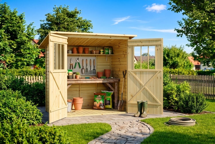 Gartenhaus aus Holz mit offenen Türen, Werkbank, Gartenwerkzeugen an einer Lochwand, Blumentöpfen und Erdsäcken in einem hellen, grünen Garten.