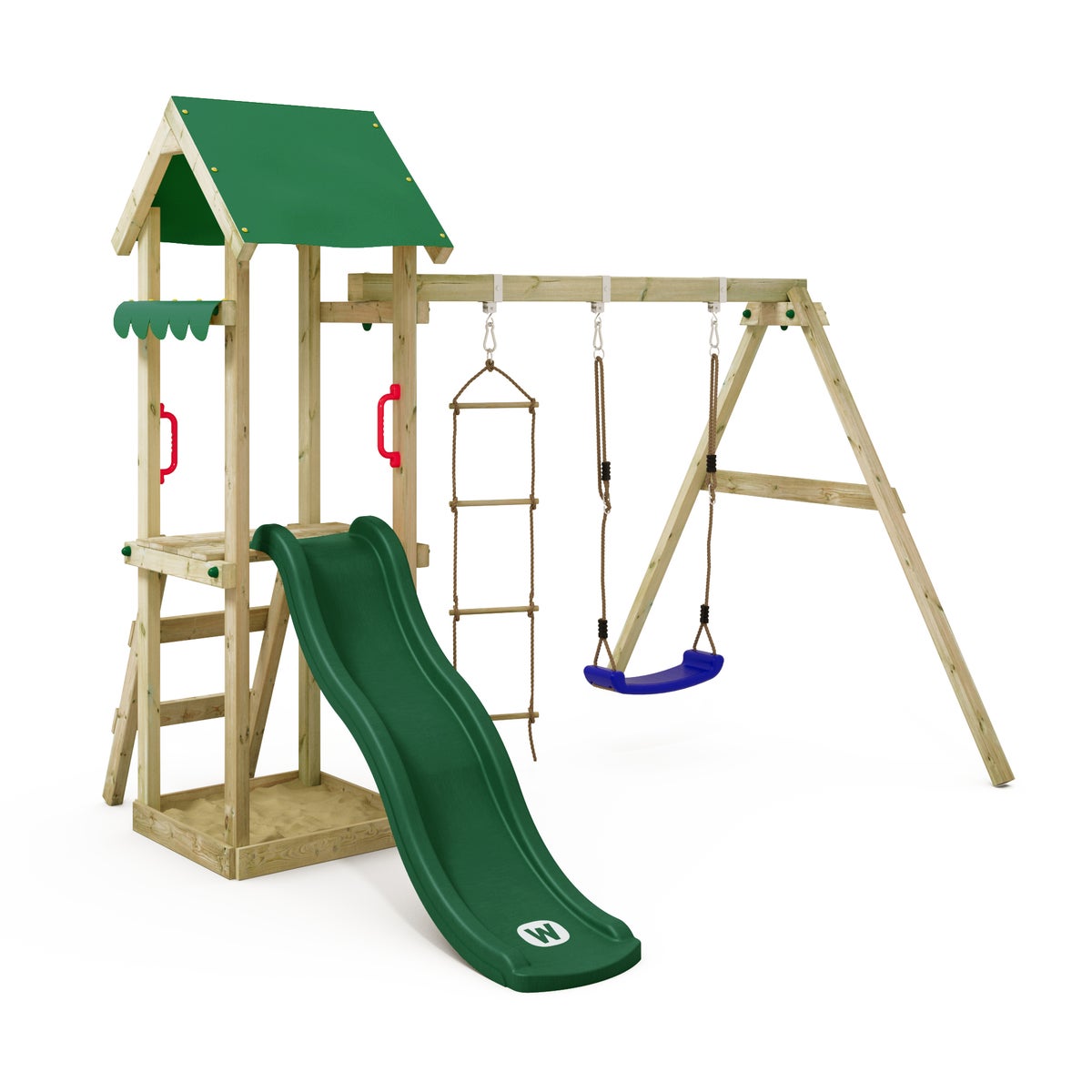 WICKEY Spielturm Klettergerüst TinyCabin mit Schaukel und Rutsche, Kletterturm mit Sandkasten, Leiter und Spiel-Zubehör - grün