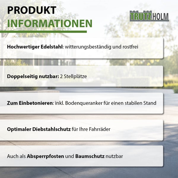 Produktinformationen zu Trutzholm Fahrradständer aus Edelstahl zum Einbetonieren mit Bodenqueranker für zwei Fahrräder und Diebstahlschutz.