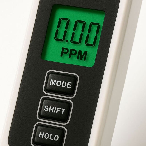 Messgerät mit Displayanzeige von 0.00 PPM und den Tasten Mode, Shift und Hold.