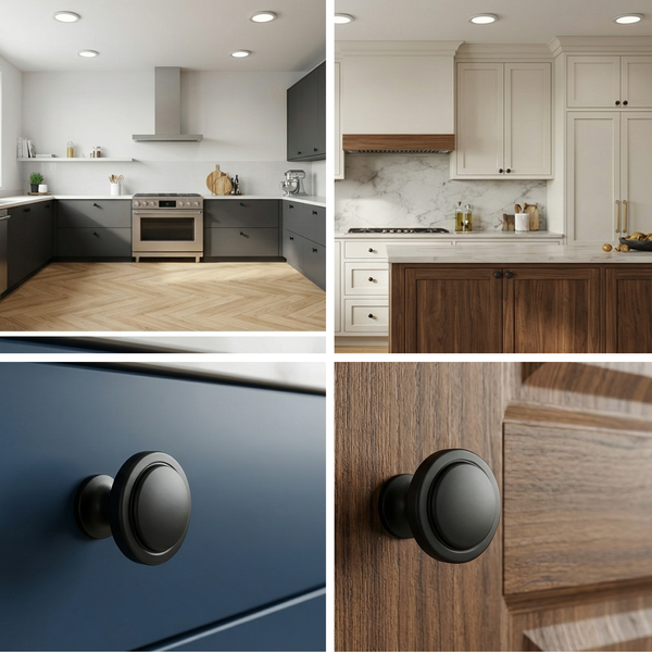 Collage verschiedener Küchenstile mit Möbelknöpfen