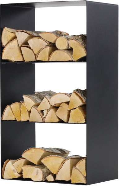 Brennholzregal aus Metall mit Holzscheiten
