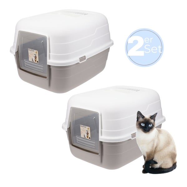Zwei Katzentoiletten mit Klappe als Set