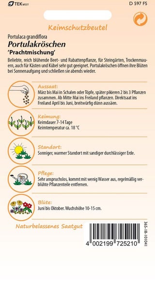 Portulakröschen Prachtmischung Saatguttüte mit Informationen zu Aussaat, Keimung, Standort, Pflege und Blüte
