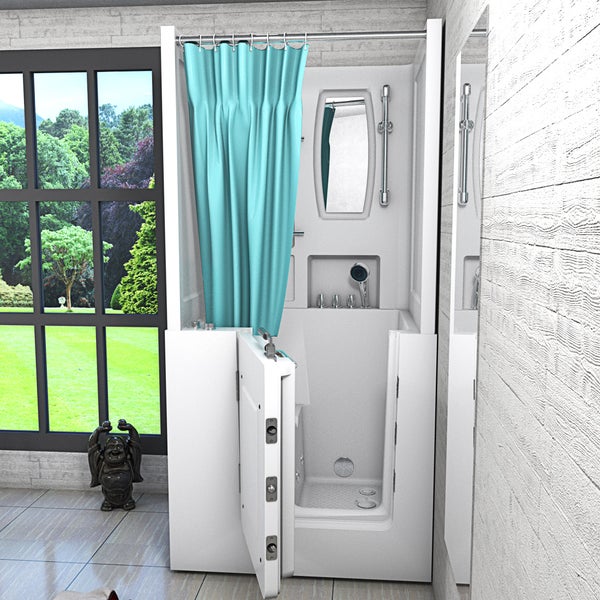 Draufsicht einer weißen barrierefreien Dusche mit integriertem Sitz, Haltegriffen, Duschkopf und einem türkisfarbenen Duschvorhang.